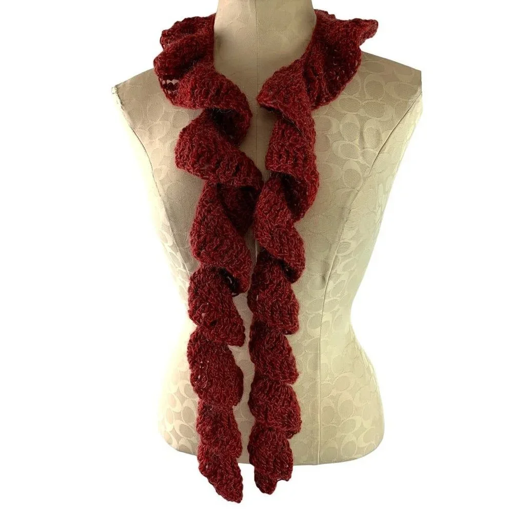 Flounce Crochet Ruffle Scarf Dark Red Fuzzy 57